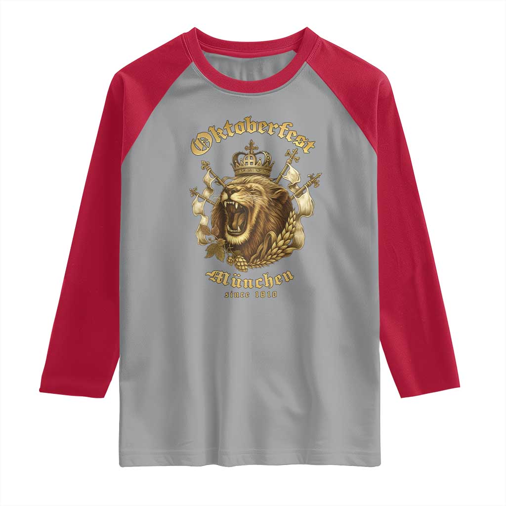 Oktoberfest Munchen Roaring Lion Raglan Shirt Since 1810 Crown and Beer Weapon TS02 Sport Gray Red Print Your Wear