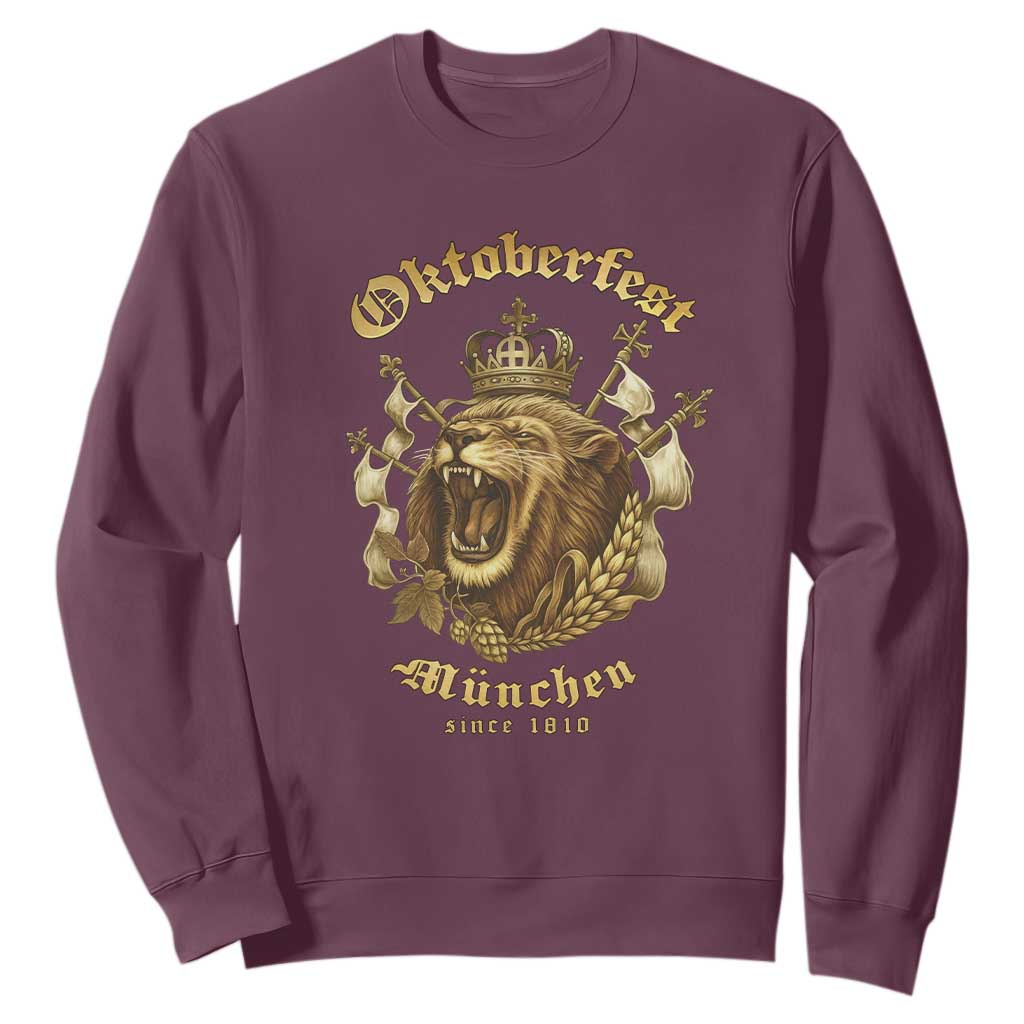 Oktoberfest Munchen Roaring Lion Sweatshirt Since 1810 Crown and Beer Weapon TS02 Maroon Print Your Wear