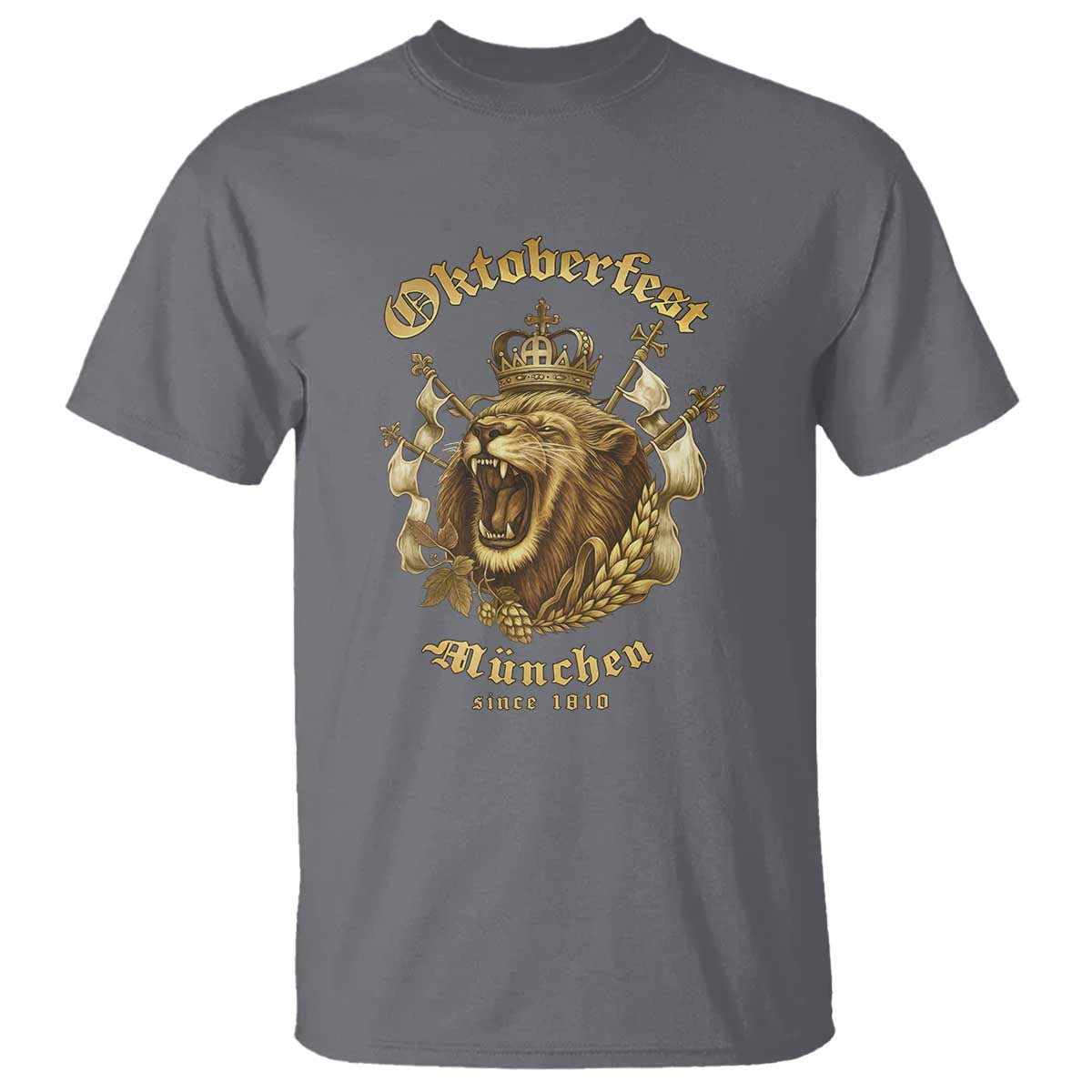 Oktoberfest Munchen Roaring Lion T Shirt Since 1810 Crown and Beer Weapon TS02 Charcoal Print Your Wear