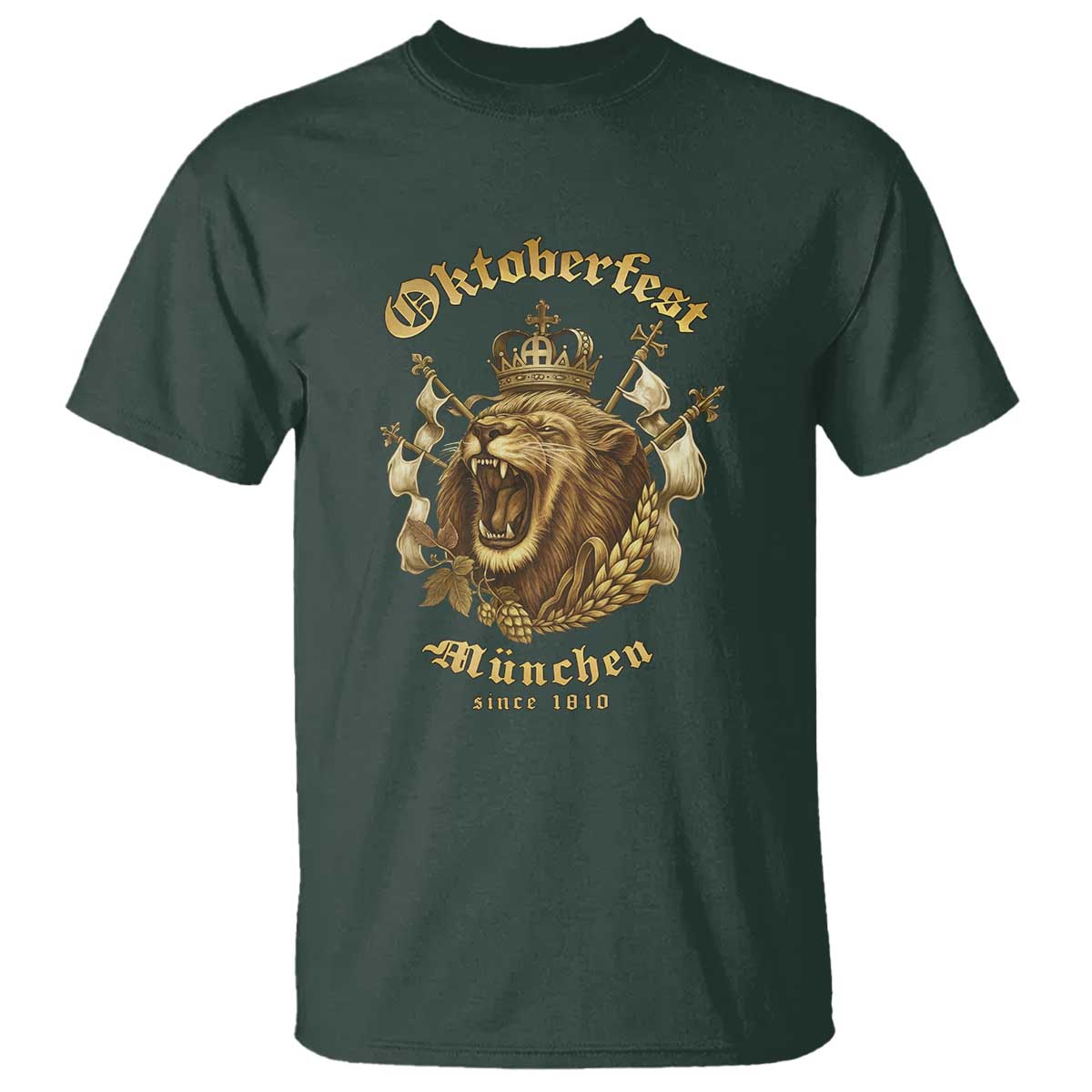 Oktoberfest Munchen Roaring Lion T Shirt Since 1810 Crown and Beer Weapon TS02 Dark Forest Green Print Your Wear