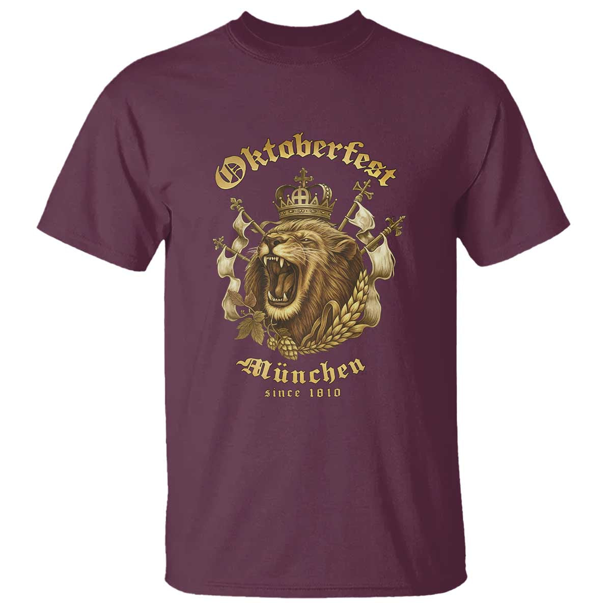 Oktoberfest Munchen Roaring Lion T Shirt Since 1810 Crown and Beer Weapon TS02 Maroon Print Your Wear