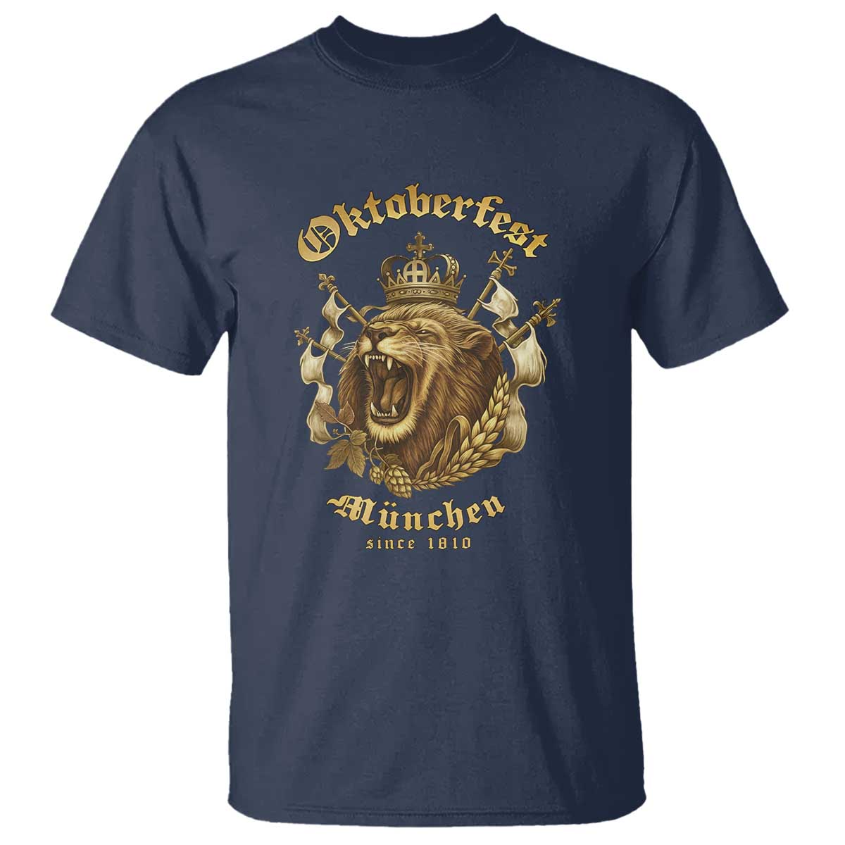 Oktoberfest Munchen Roaring Lion T Shirt Since 1810 Crown and Beer Weapon TS02 Navy Print Your Wear