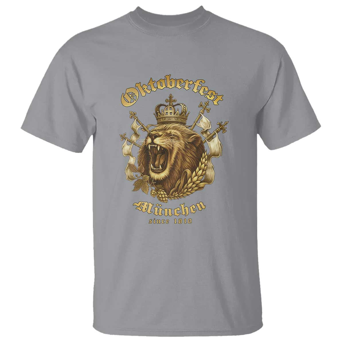 Oktoberfest Munchen Roaring Lion T Shirt Since 1810 Crown and Beer Weapon TS02 Sport Gray Print Your Wear