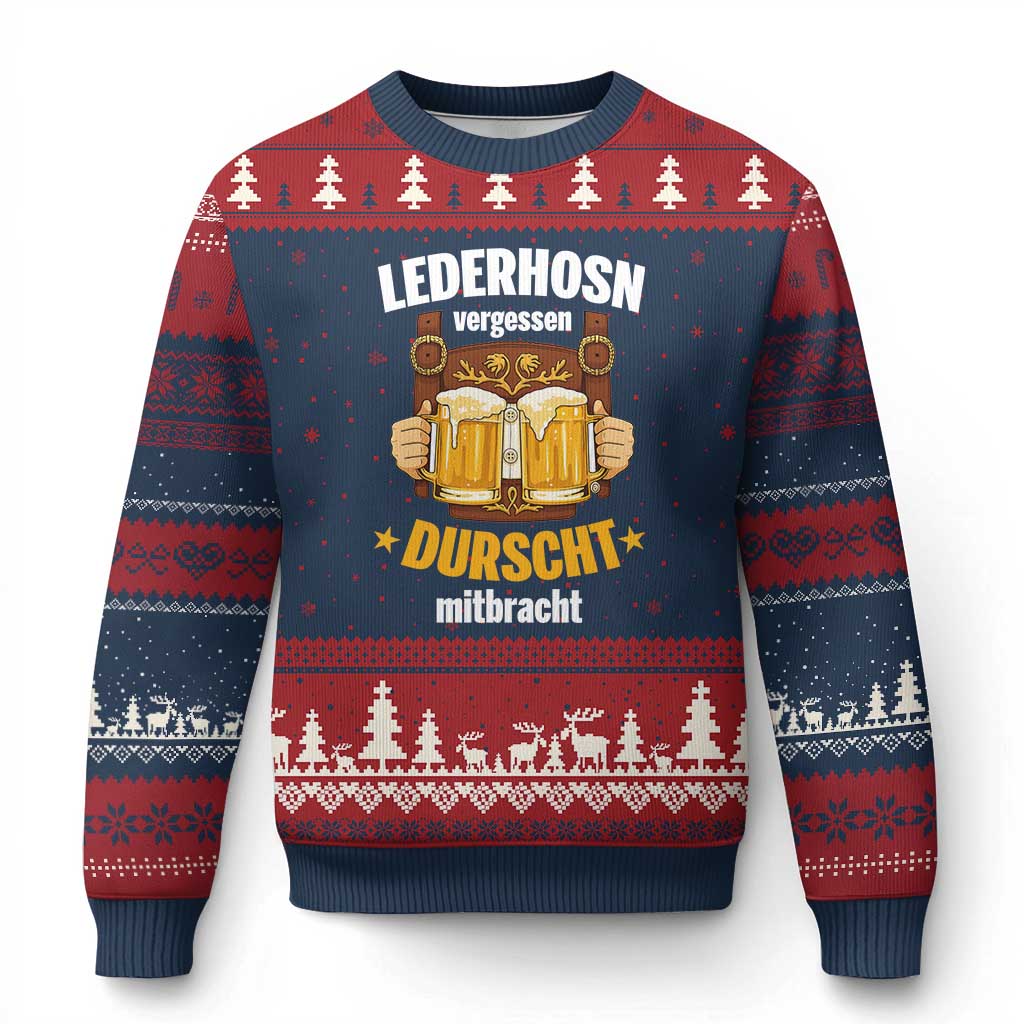 Funny Lederhosen Oktoberfest Beer Drinking Ugly Christmas Sweater Lederhosn Vergessen Durscht Mitbracht TS02 Navy Red Print Your Wear