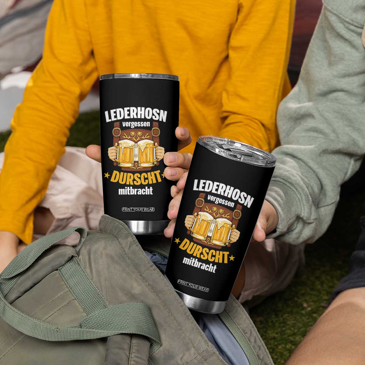 Funny Lederhosen Oktoberfest Beer Drinking Tumbler Cup Lederhosn Vergessen Durscht Mitbracht TS02 Print Your Wear