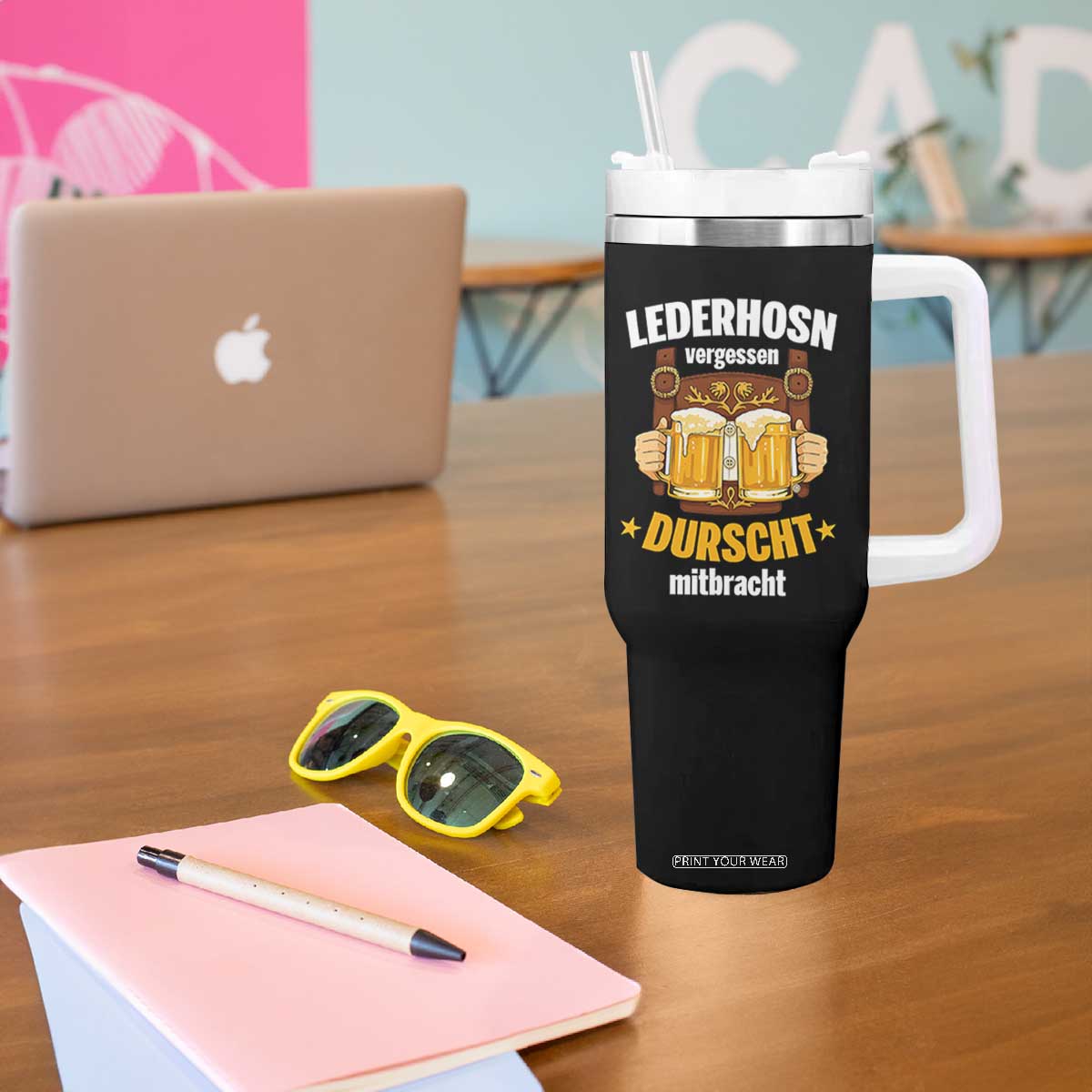 Funny Lederhosen Oktoberfest Beer Drinking Tumbler With Handle Lederhosn Vergessen Durscht Mitbracht TS02 Print Your Wear