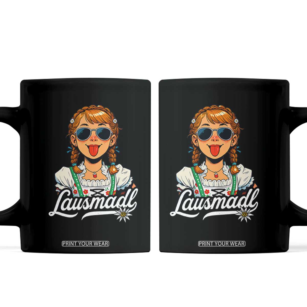 Funny Lausmadl Oktoberfest Coffee Mug Bavarian Girl with Braids Sunnies and Sass TS02 Black Print Your Wear