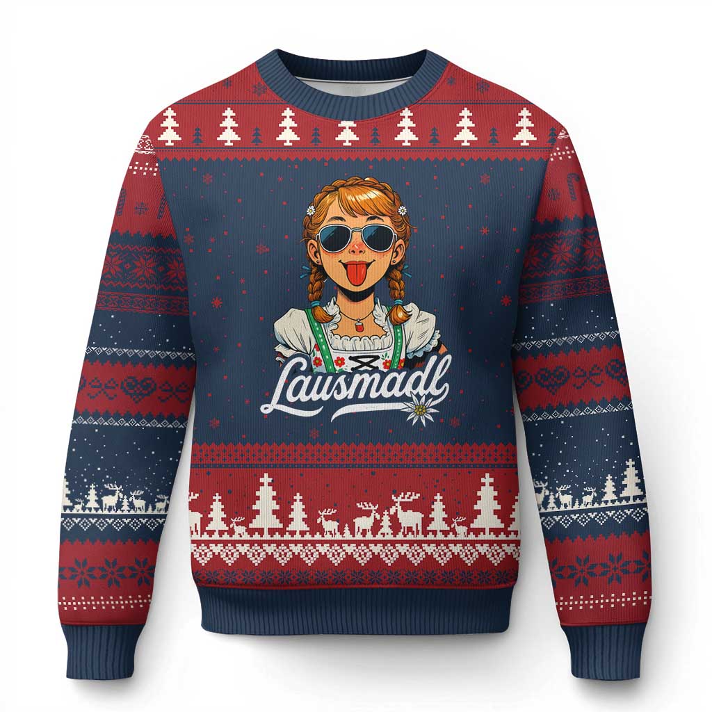 Funny Lausmadl Oktoberfest Ugly Christmas Sweater Bavarian Girl with Braids Sunnies and Sass TS02 Navy Red Print Your Wear