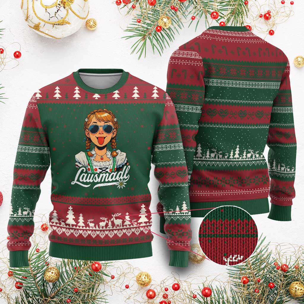 Funny Lausmadl Oktoberfest Ugly Christmas Sweater Bavarian Girl with Braids Sunnies and Sass TS02 Red Green Print Your Wear