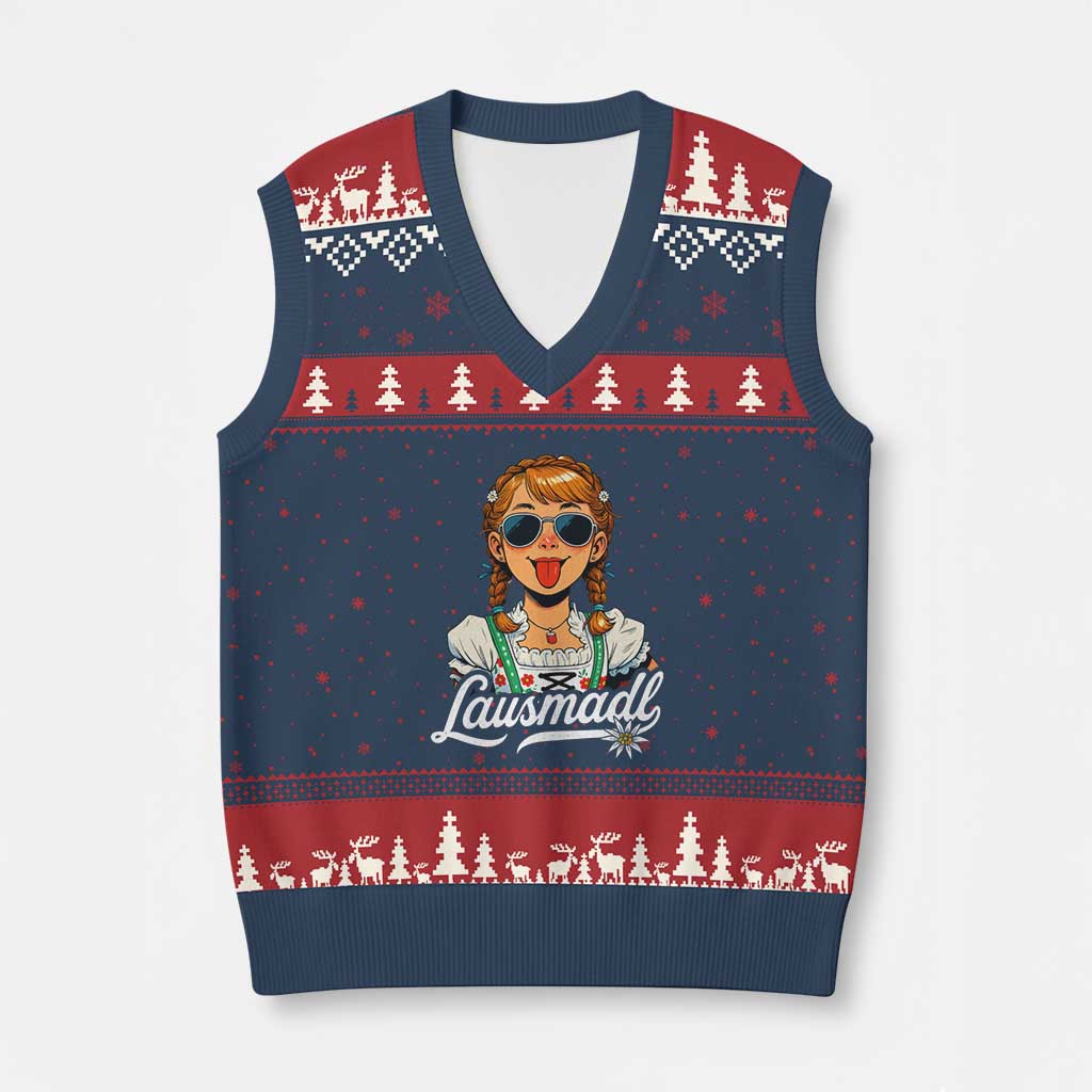 Funny Lausmadl Oktoberfest V-Neck Knit Sweater Vest Bavarian Girl with Braids Sunnies and Sass TS02 Navy Red Print Your Wear