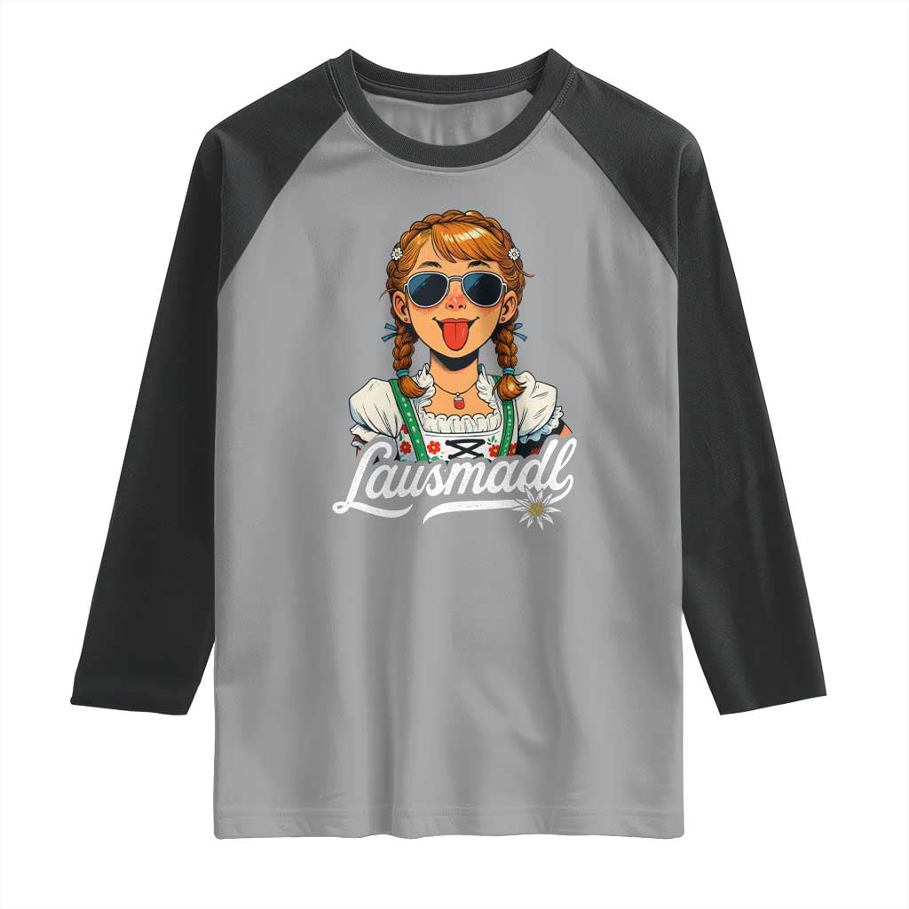 Funny Lausmadl Oktoberfest Raglan Shirt Bavarian Girl with Braids Sunnies and Sass TS02 Sport Gray Black Print Your Wear