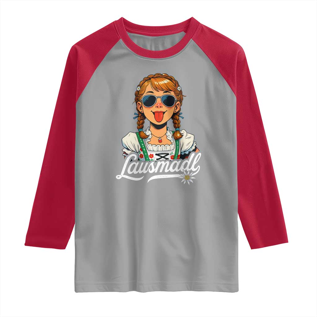 Funny Lausmadl Oktoberfest Raglan Shirt Bavarian Girl with Braids Sunnies and Sass TS02 Sport Gray Red Print Your Wear
