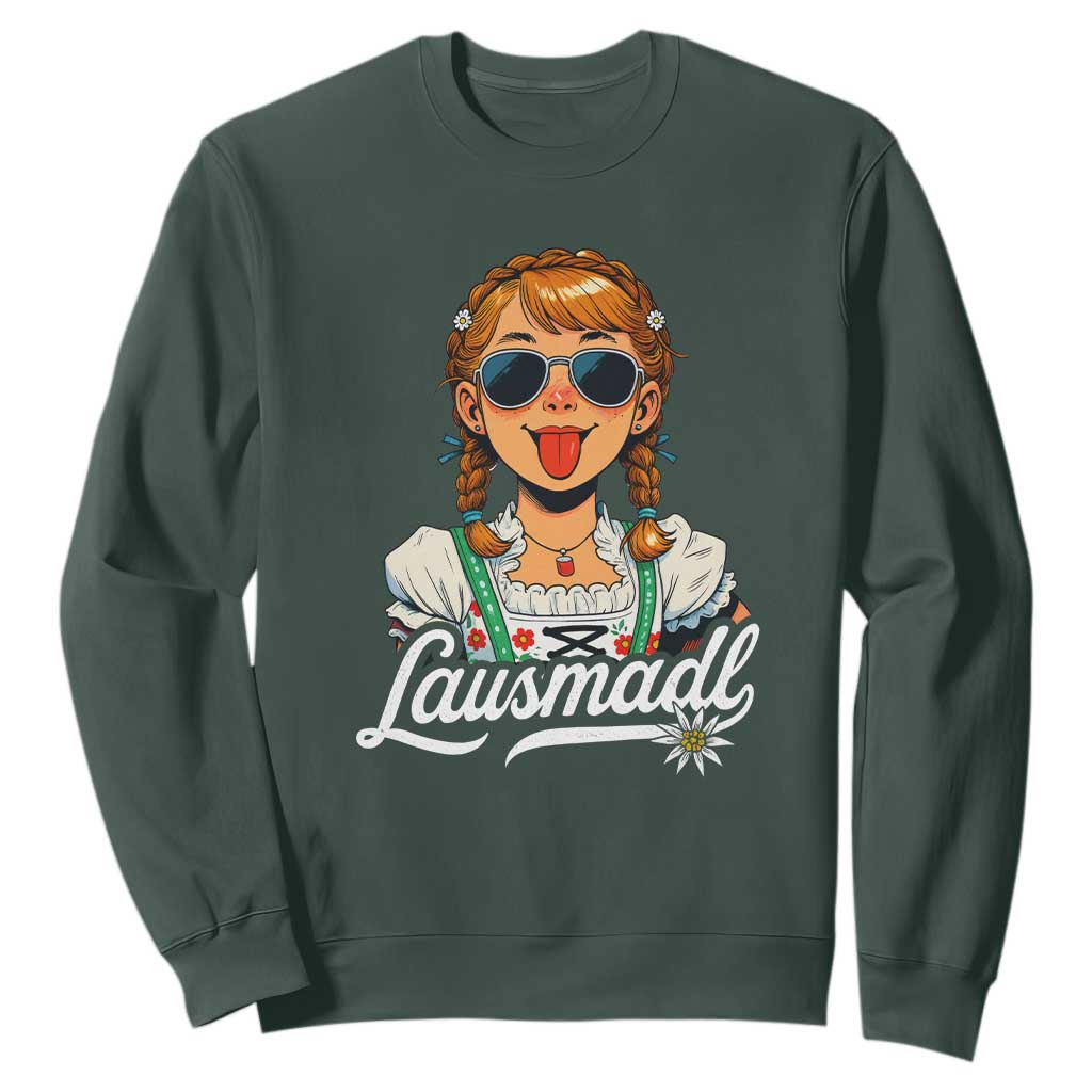 Funny Lausmadl Oktoberfest Sweatshirt Bavarian Girl with Braids Sunnies and Sass TS02 Dark Forest Green Print Your Wear