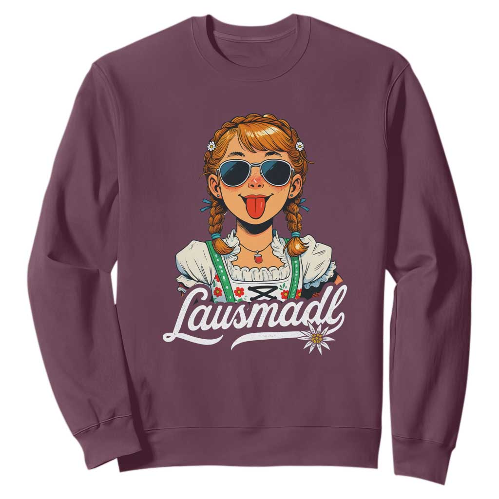 Funny Lausmadl Oktoberfest Sweatshirt Bavarian Girl with Braids Sunnies and Sass TS02 Maroon Print Your Wear