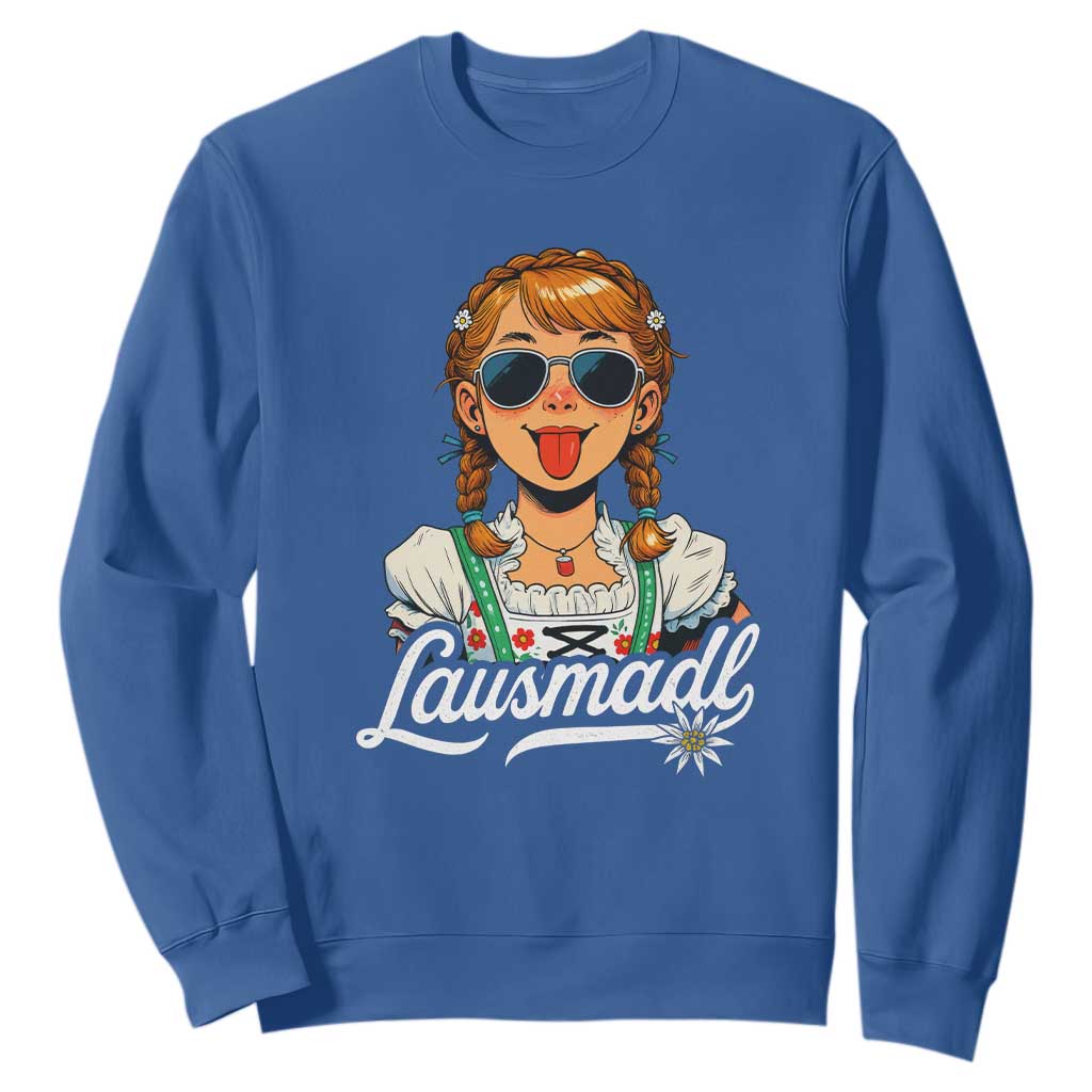 Funny Lausmadl Oktoberfest Sweatshirt Bavarian Girl with Braids Sunnies and Sass TS02 Royal Blue Print Your Wear