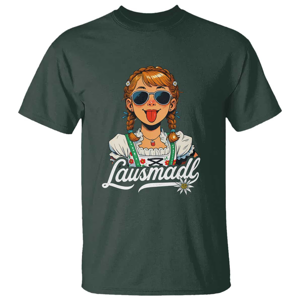 Funny Lausmadl Oktoberfest T Shirt Bavarian Girl with Braids Sunnies and Sass TS02 Dark Forest Green Print Your Wear