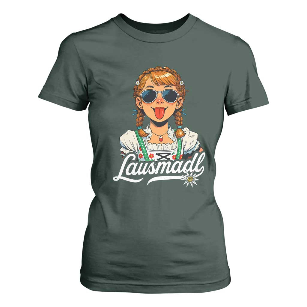 Funny Lausmadl Oktoberfest T Shirt For Women Bavarian Girl with Braids Sunnies and Sass TS02 Dark Forest Green Print Your Wear
