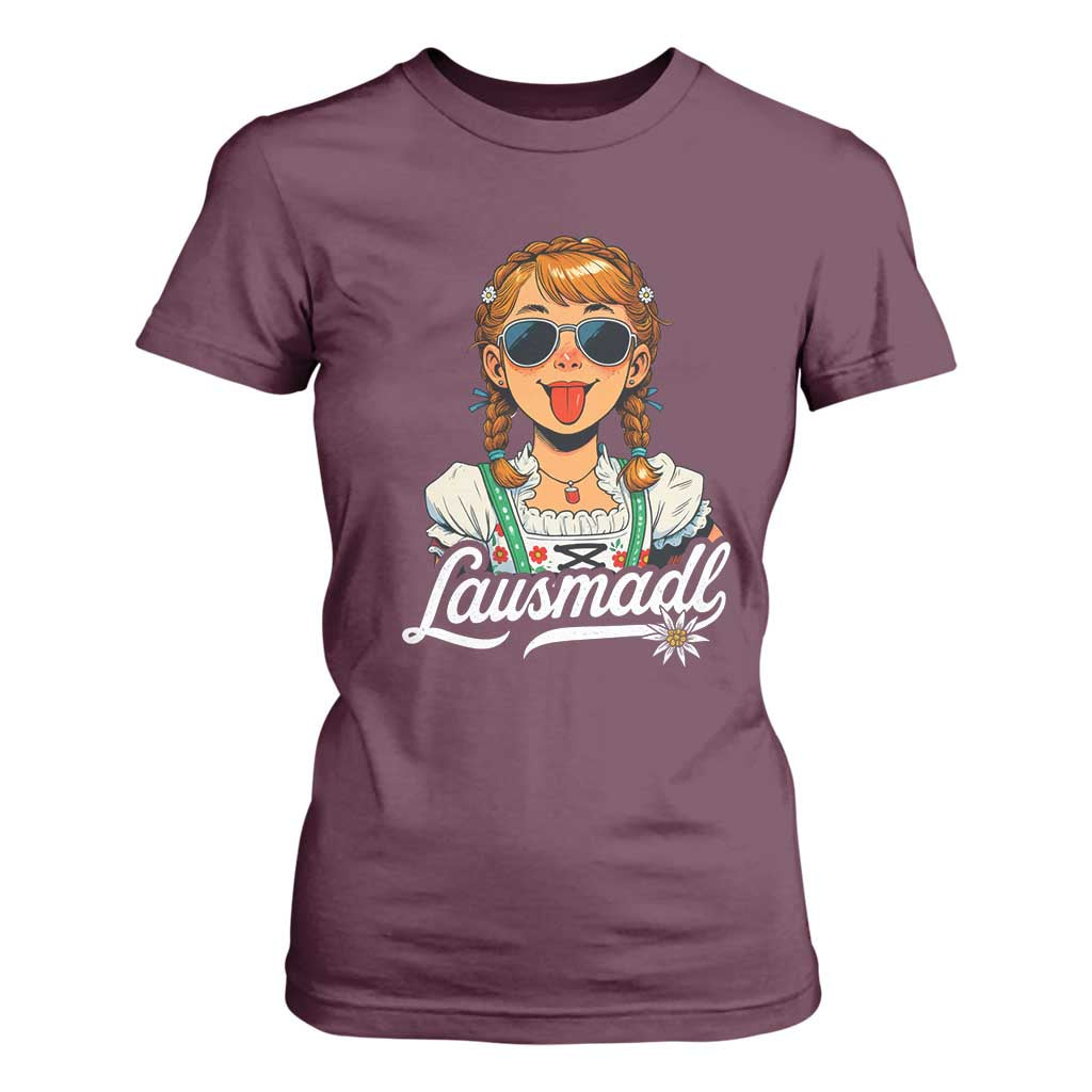 Funny Lausmadl Oktoberfest T Shirt For Women Bavarian Girl with Braids Sunnies and Sass TS02 Maroon Print Your Wear