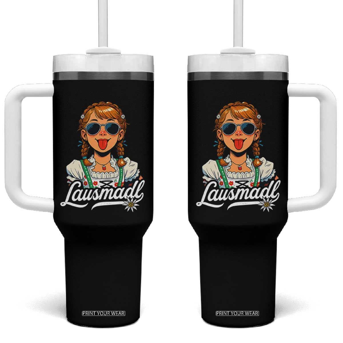 Funny Lausmadl Oktoberfest Tumbler With Handle Bavarian Girl with Braids Sunnies and Sass TS02 One Size: 40 oz Black Print Your Wear