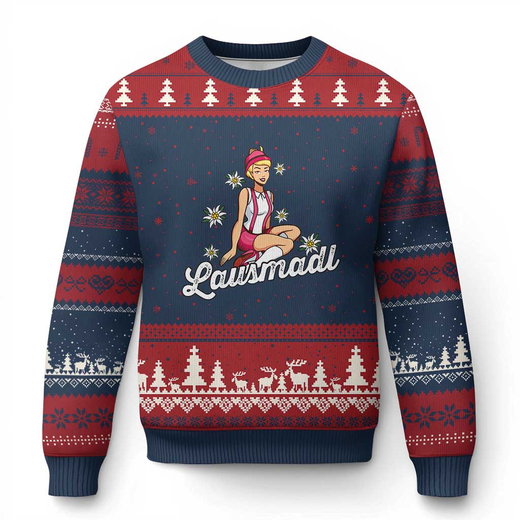 Bavarian Pin Up Girl Lausmadl Ugly Christmas Sweater Oktoberfest Edelweiss Flowers TS02 Navy Red Print Your Wear