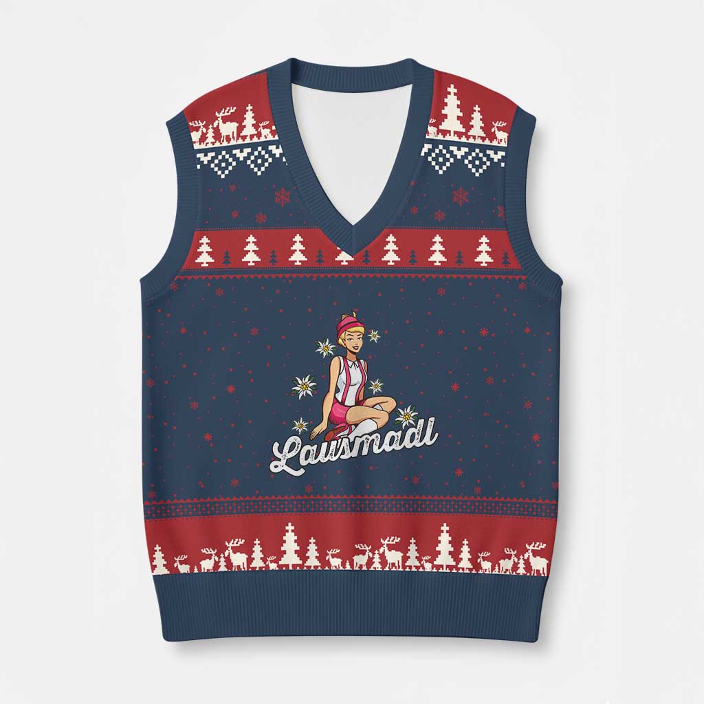 Bavarian Pin Up Girl Lausmadl V-Neck Knit Sweater Vest Oktoberfest Edelweiss Flowers TS02 Navy Red Print Your Wear
