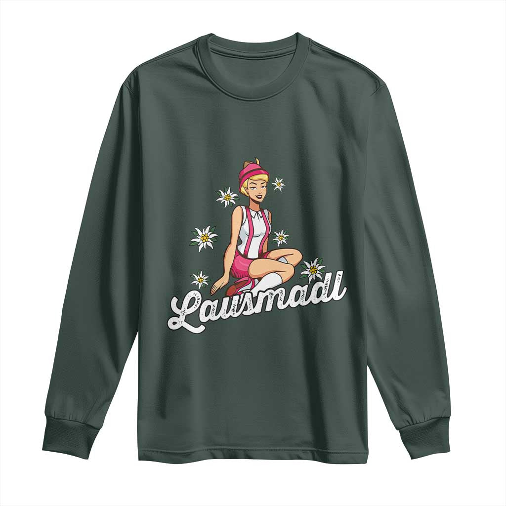 Bavarian Pin Up Girl Lausmadl Long Sleeve Shirt Oktoberfest Edelweiss Flowers TS02 Dark Forest Green Print Your Wear
