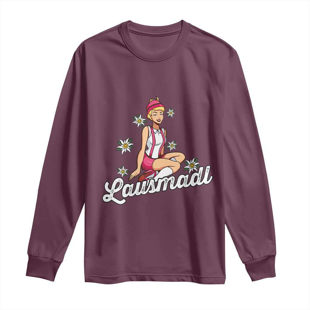 Bavarian Pin Up Girl Lausmadl Long Sleeve Shirt Oktoberfest Edelweiss Flowers TS02 Maroon Print Your Wear