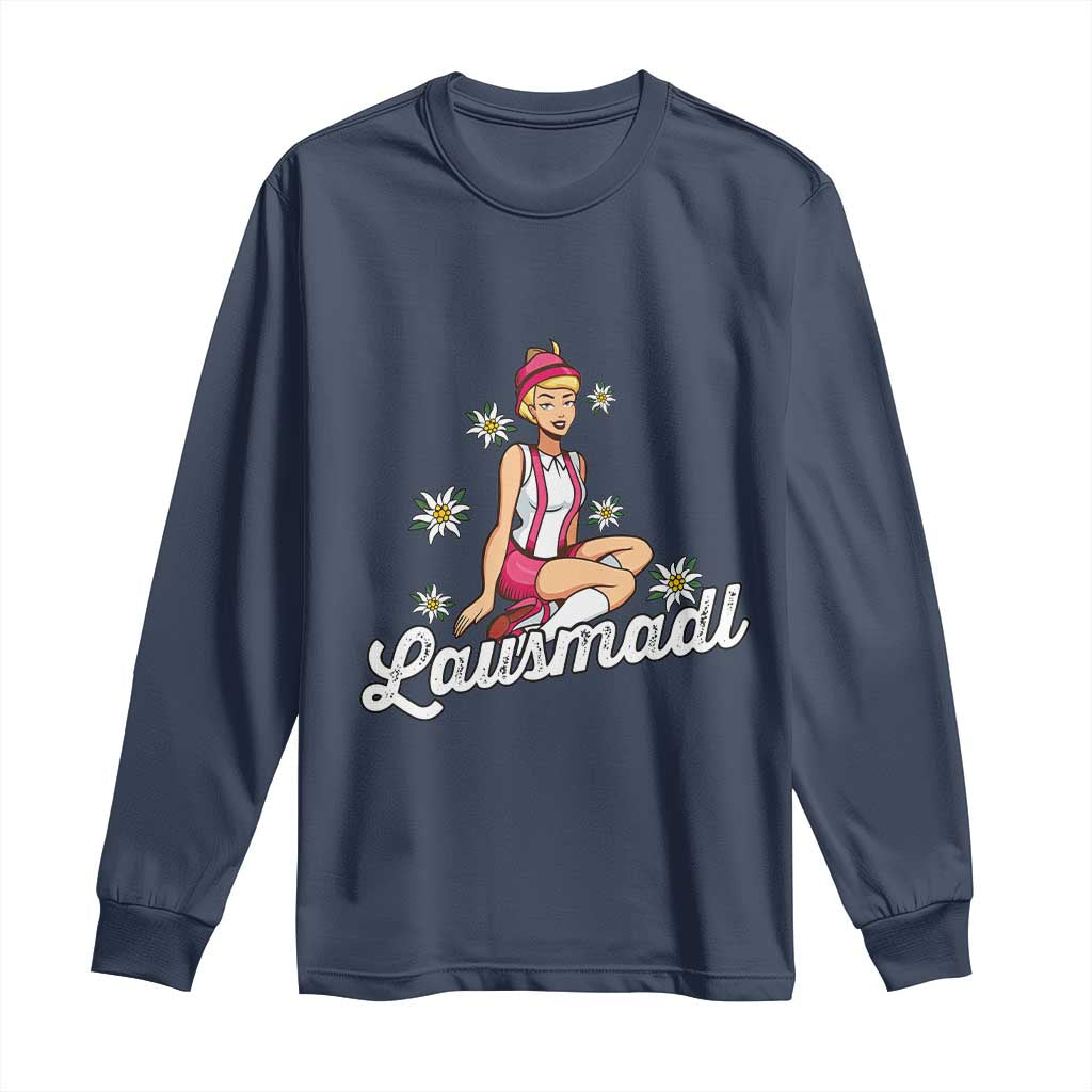 Bavarian Pin Up Girl Lausmadl Long Sleeve Shirt Oktoberfest Edelweiss Flowers TS02 Navy Print Your Wear
