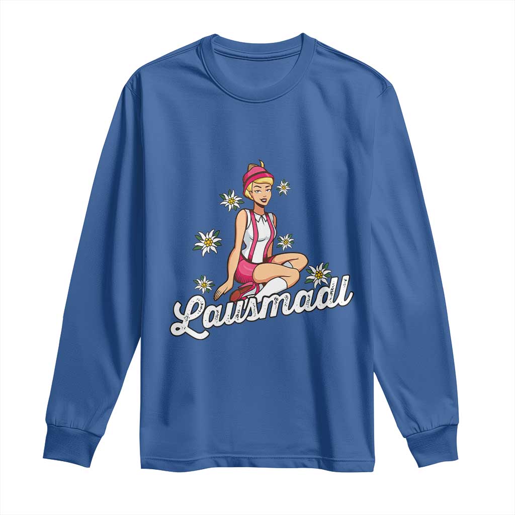 Bavarian Pin Up Girl Lausmadl Long Sleeve Shirt Oktoberfest Edelweiss Flowers TS02 Royal Blue Print Your Wear