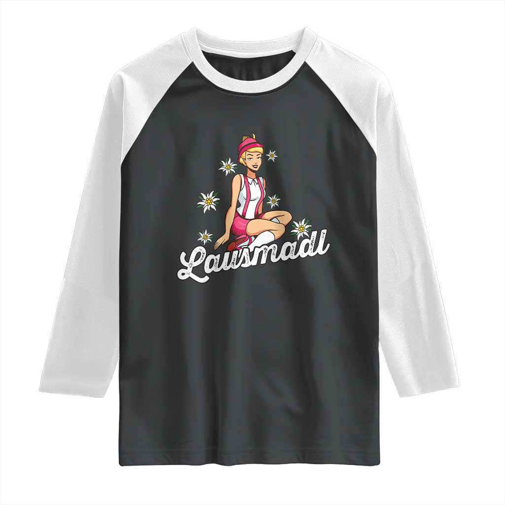 Bavarian Pin Up Girl Lausmadl Raglan Shirt Oktoberfest Edelweiss Flowers TS02 Black White Print Your Wear