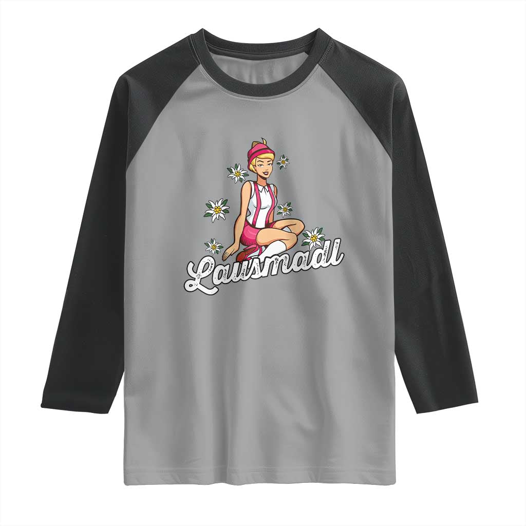 Bavarian Pin Up Girl Lausmadl Raglan Shirt Oktoberfest Edelweiss Flowers TS02 Sport Gray Black Print Your Wear