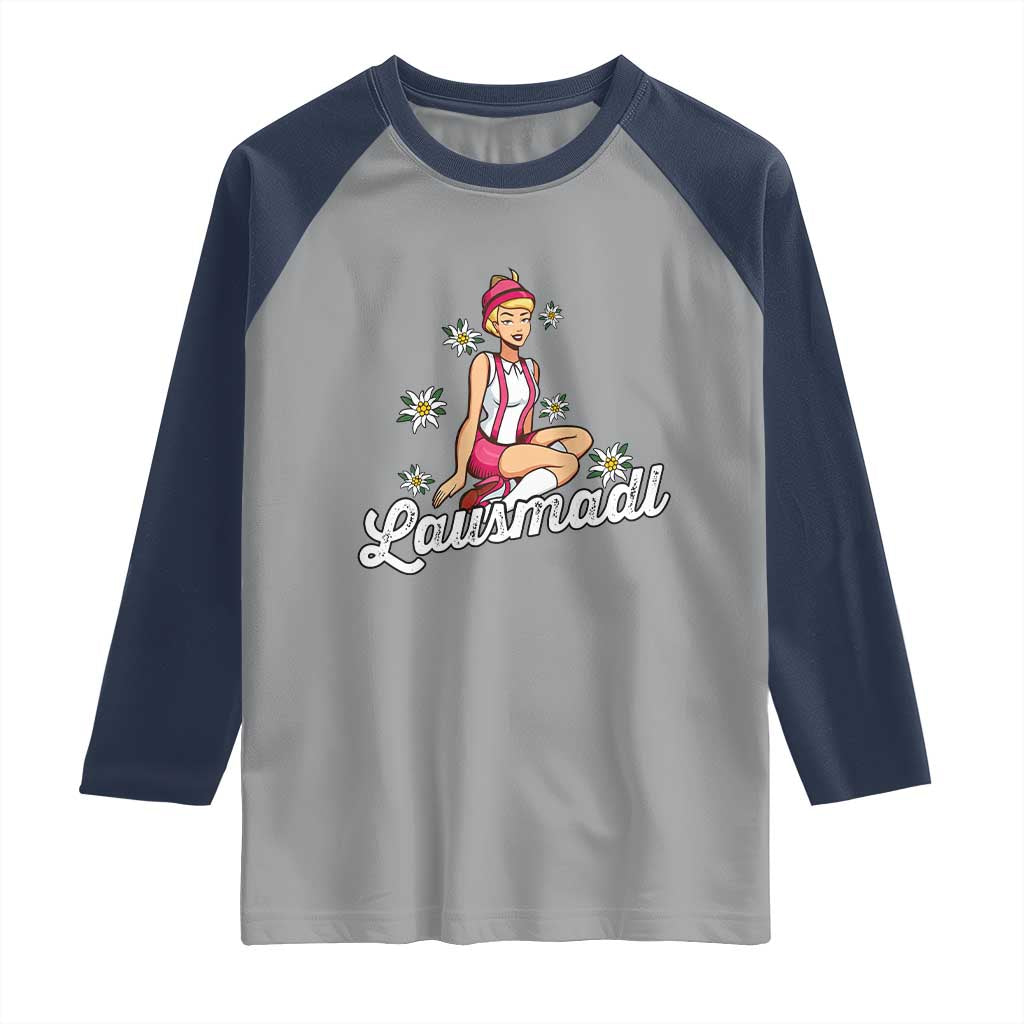 Bavarian Pin Up Girl Lausmadl Raglan Shirt Oktoberfest Edelweiss Flowers TS02 Sport Gray Navy Print Your Wear
