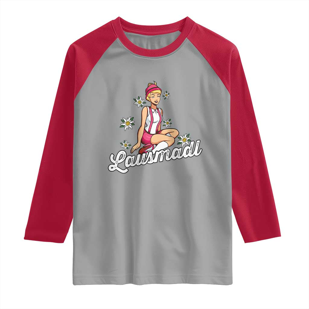 Bavarian Pin Up Girl Lausmadl Raglan Shirt Oktoberfest Edelweiss Flowers TS02 Sport Gray Red Print Your Wear