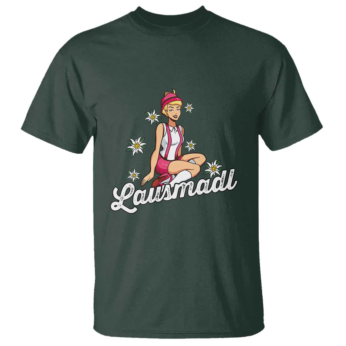 Bavarian Pin Up Girl Lausmadl T Shirt Oktoberfest Edelweiss Flowers TS02 Dark Forest Green Print Your Wear