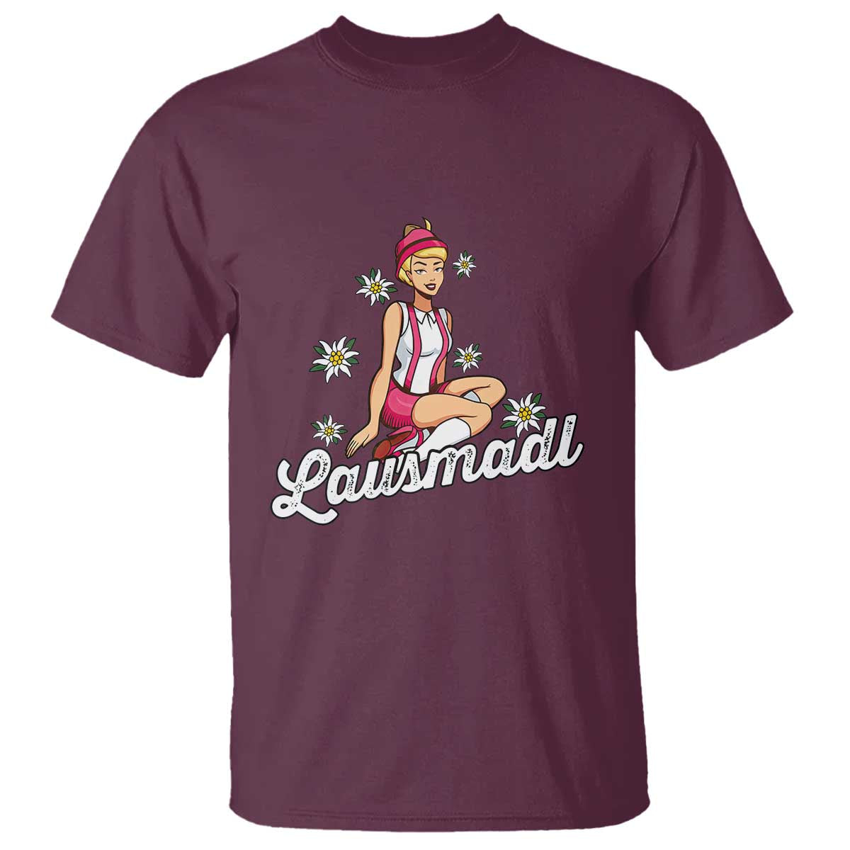 Bavarian Pin Up Girl Lausmadl T Shirt Oktoberfest Edelweiss Flowers TS02 Maroon Print Your Wear