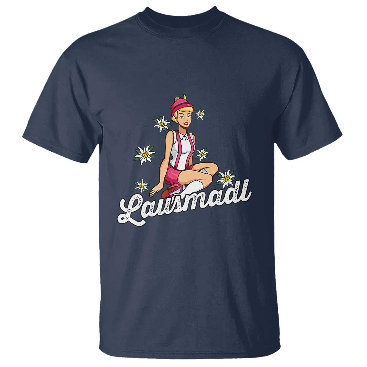 Bavarian Pin Up Girl Lausmadl T Shirt Oktoberfest Edelweiss Flowers TS02 Navy Print Your Wear