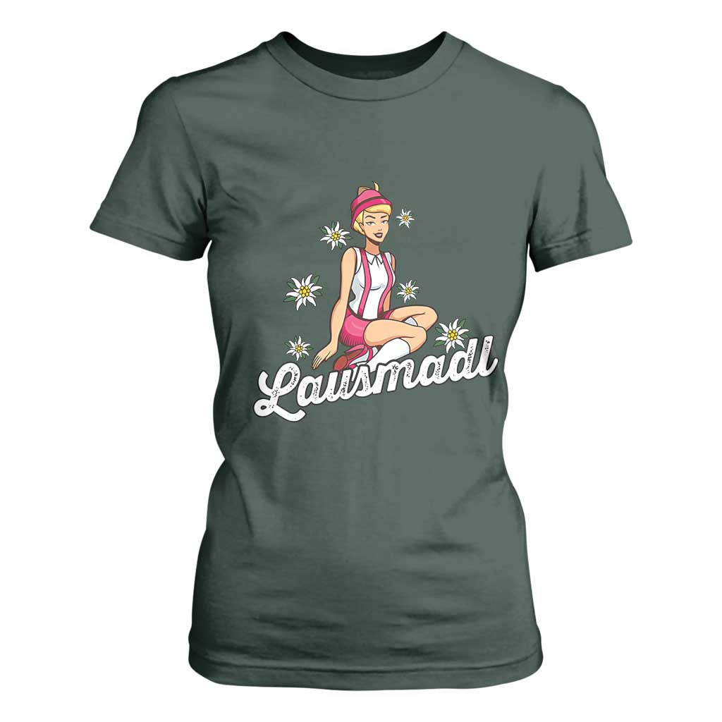 Bavarian Pin Up Girl Lausmadl T Shirt For Women Oktoberfest Edelweiss Flowers TS02 Dark Forest Green Print Your Wear