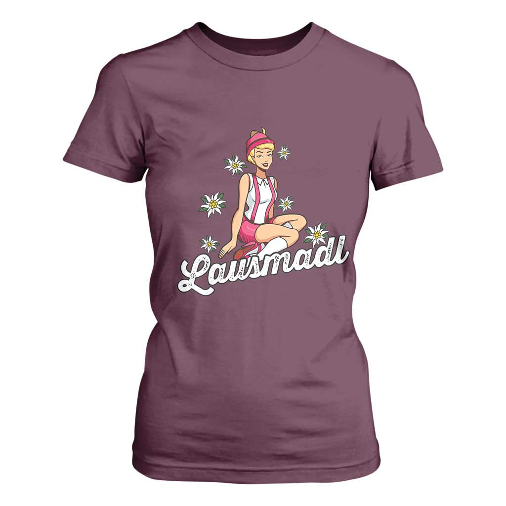 Bavarian Pin Up Girl Lausmadl T Shirt For Women Oktoberfest Edelweiss Flowers TS02 Maroon Print Your Wear