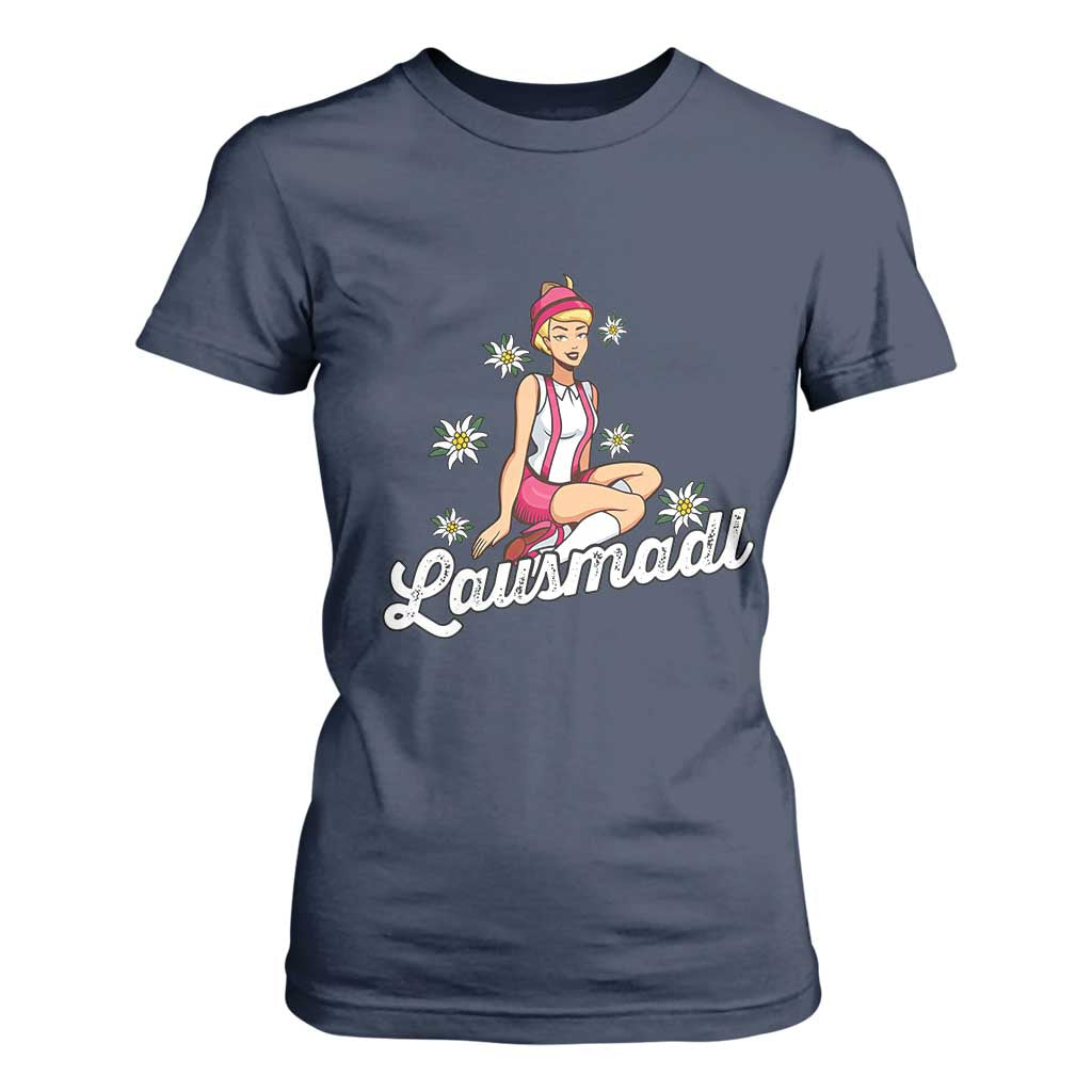 Bavarian Pin Up Girl Lausmadl T Shirt For Women Oktoberfest Edelweiss Flowers TS02 Navy Print Your Wear