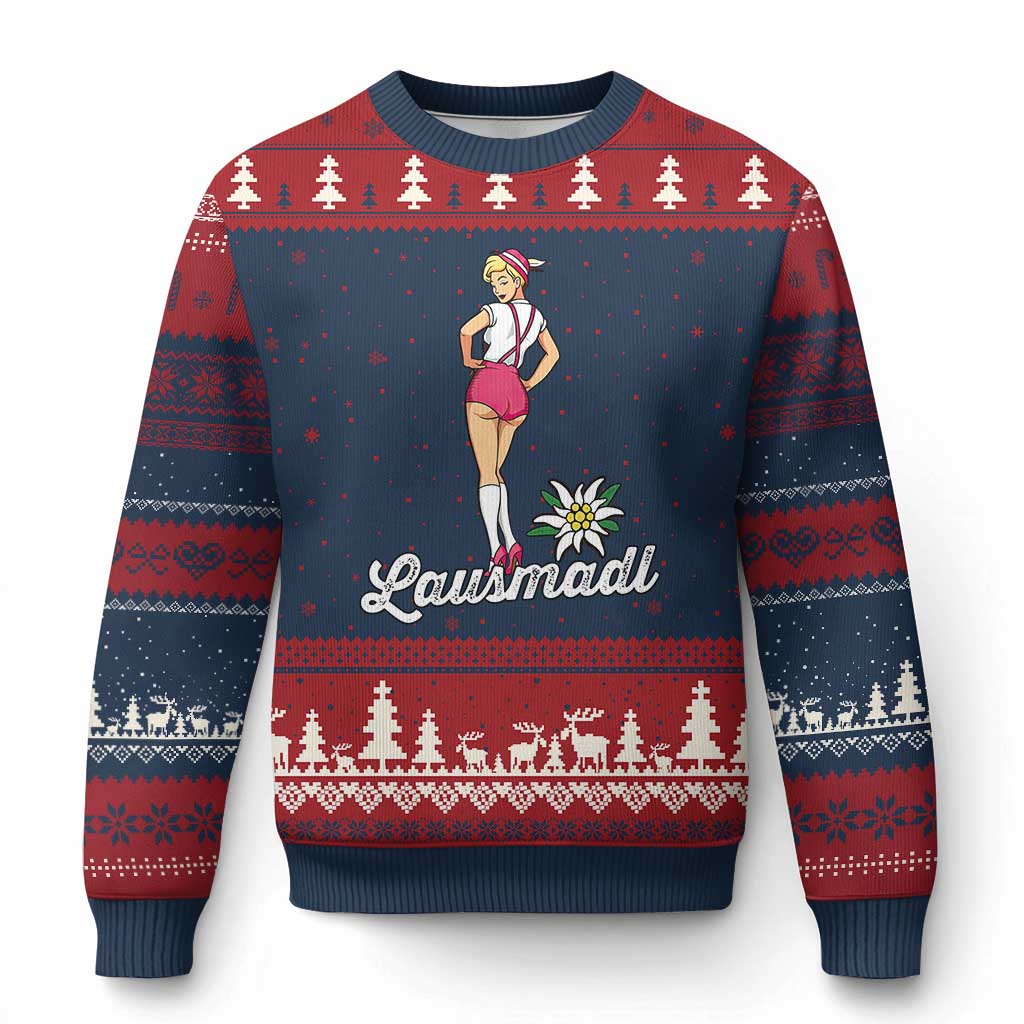 Retro Bavarian Pin Up Girl Lausmadl Ugly Christmas Sweater Oktoberfest Edelweiss Flower TS02 Navy Red Print Your Wear