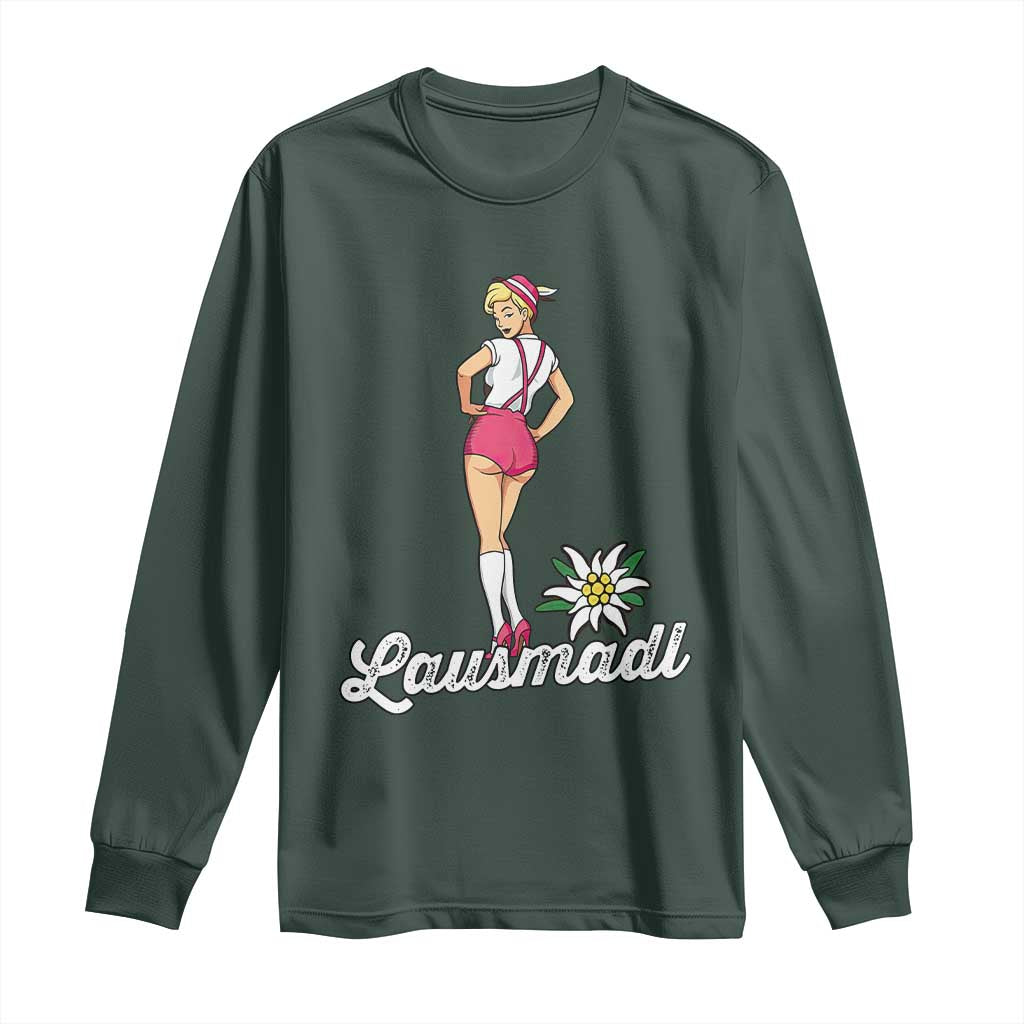 Retro Bavarian Pin Up Girl Lausmadl Long Sleeve Shirt Oktoberfest Edelweiss Flower TS02 Dark Forest Green Print Your Wear