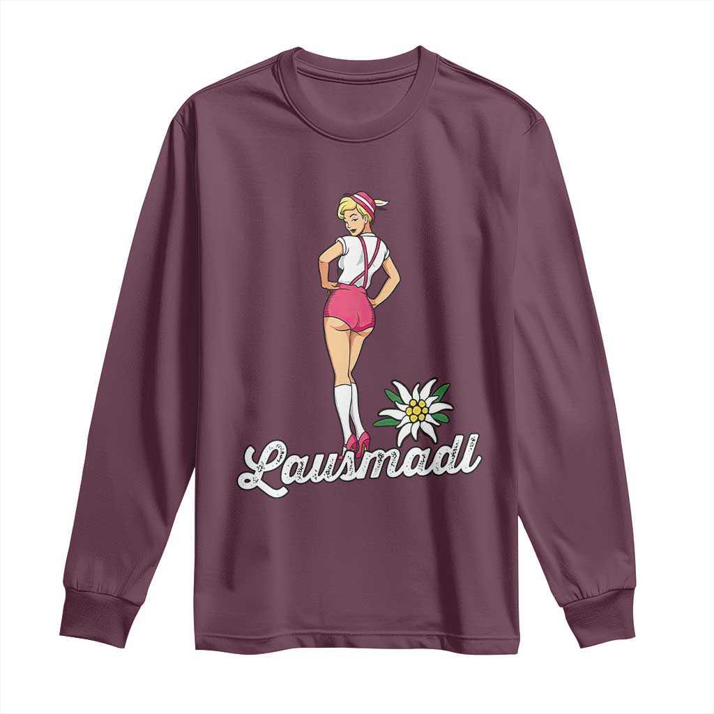 Retro Bavarian Pin Up Girl Lausmadl Long Sleeve Shirt Oktoberfest Edelweiss Flower TS02 Maroon Print Your Wear