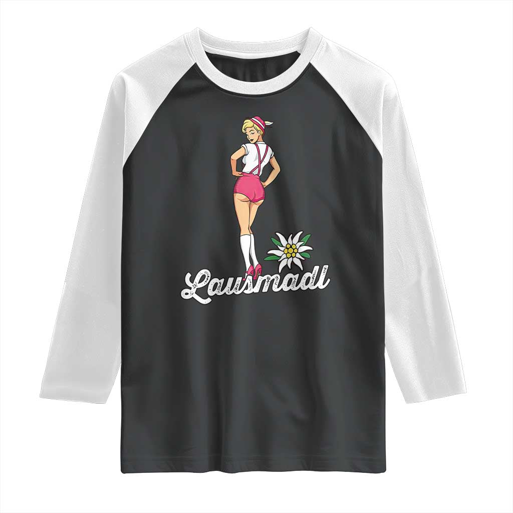 Retro Bavarian Pin Up Girl Lausmadl Raglan Shirt Oktoberfest Edelweiss Flower TS02 Black White Print Your Wear