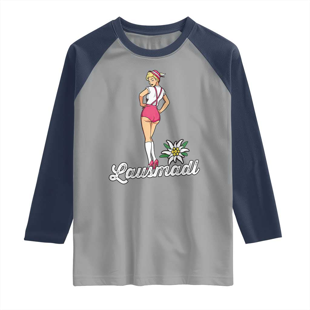 Retro Bavarian Pin Up Girl Lausmadl Raglan Shirt Oktoberfest Edelweiss Flower TS02 Sport Gray Navy Print Your Wear