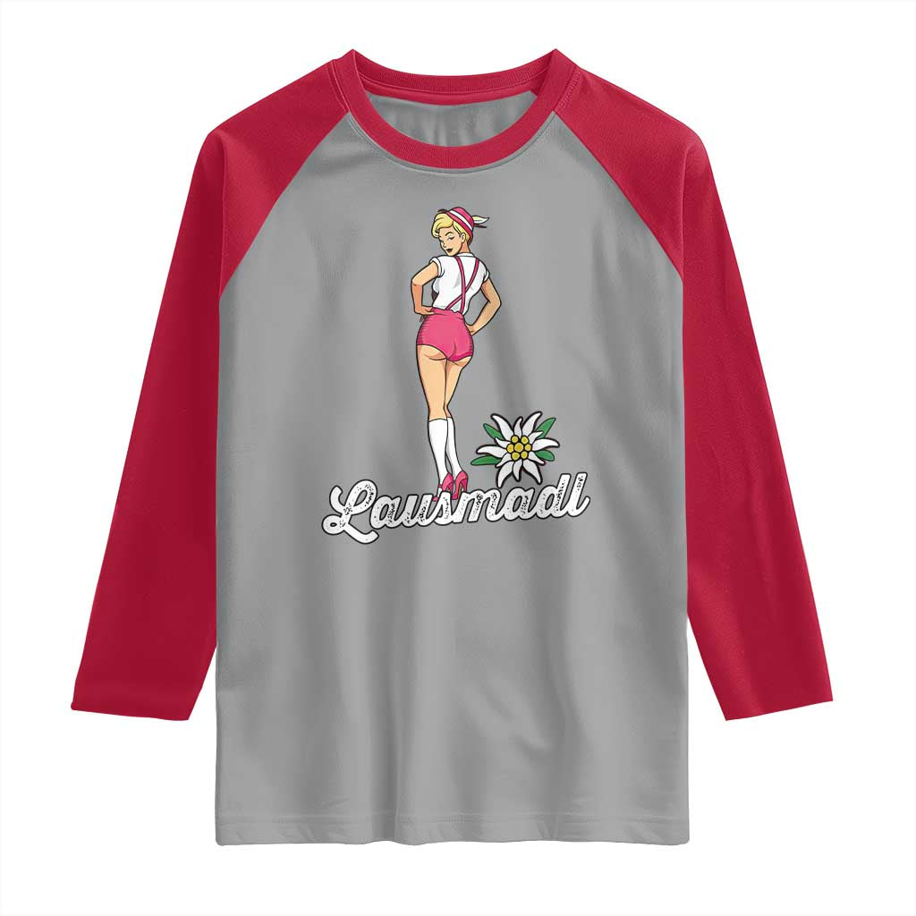 Retro Bavarian Pin Up Girl Lausmadl Raglan Shirt Oktoberfest Edelweiss Flower TS02 Sport Gray Red Print Your Wear