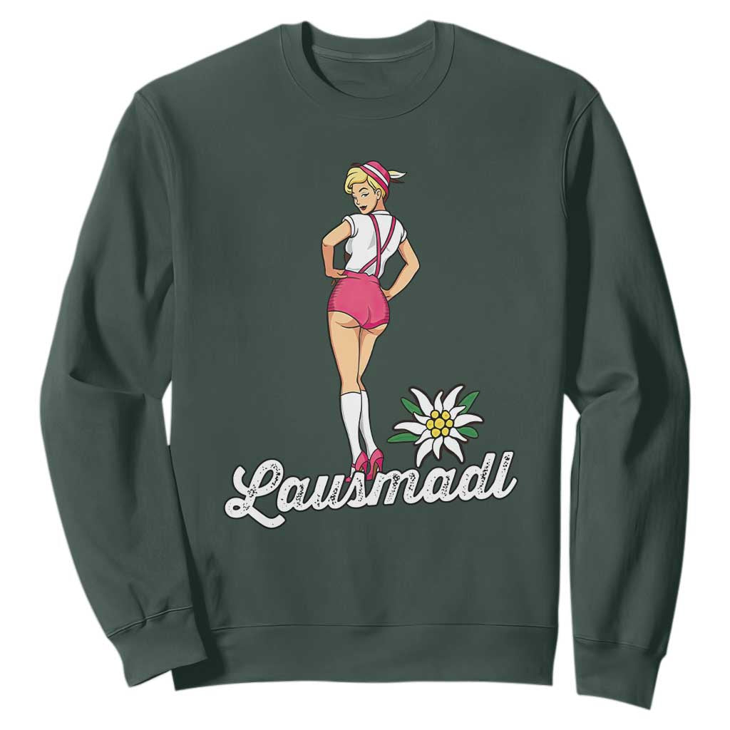 Retro Bavarian Pin Up Girl Lausmadl Sweatshirt Oktoberfest Edelweiss Flower TS02 Dark Forest Green Print Your Wear