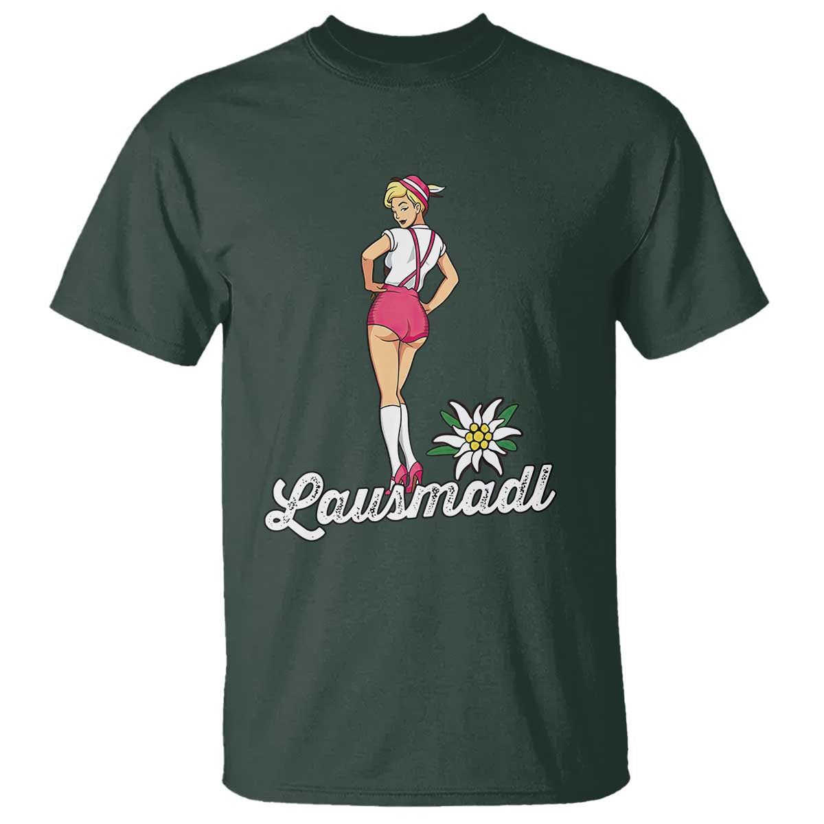 Retro Bavarian Pin Up Girl Lausmadl T Shirt Oktoberfest Edelweiss Flower TS02 Dark Forest Green Print Your Wear