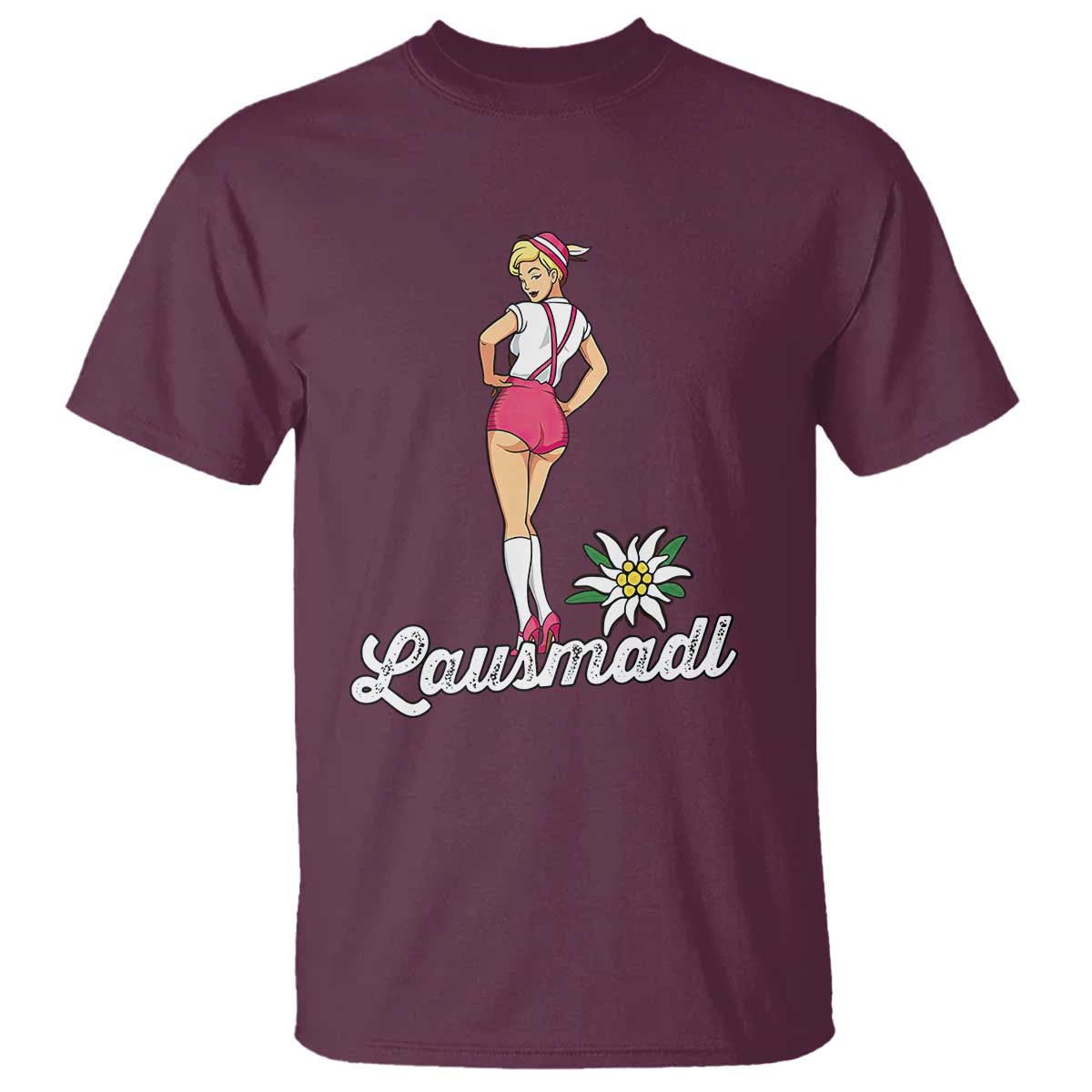 Retro Bavarian Pin Up Girl Lausmadl T Shirt Oktoberfest Edelweiss Flower TS02 Maroon Print Your Wear