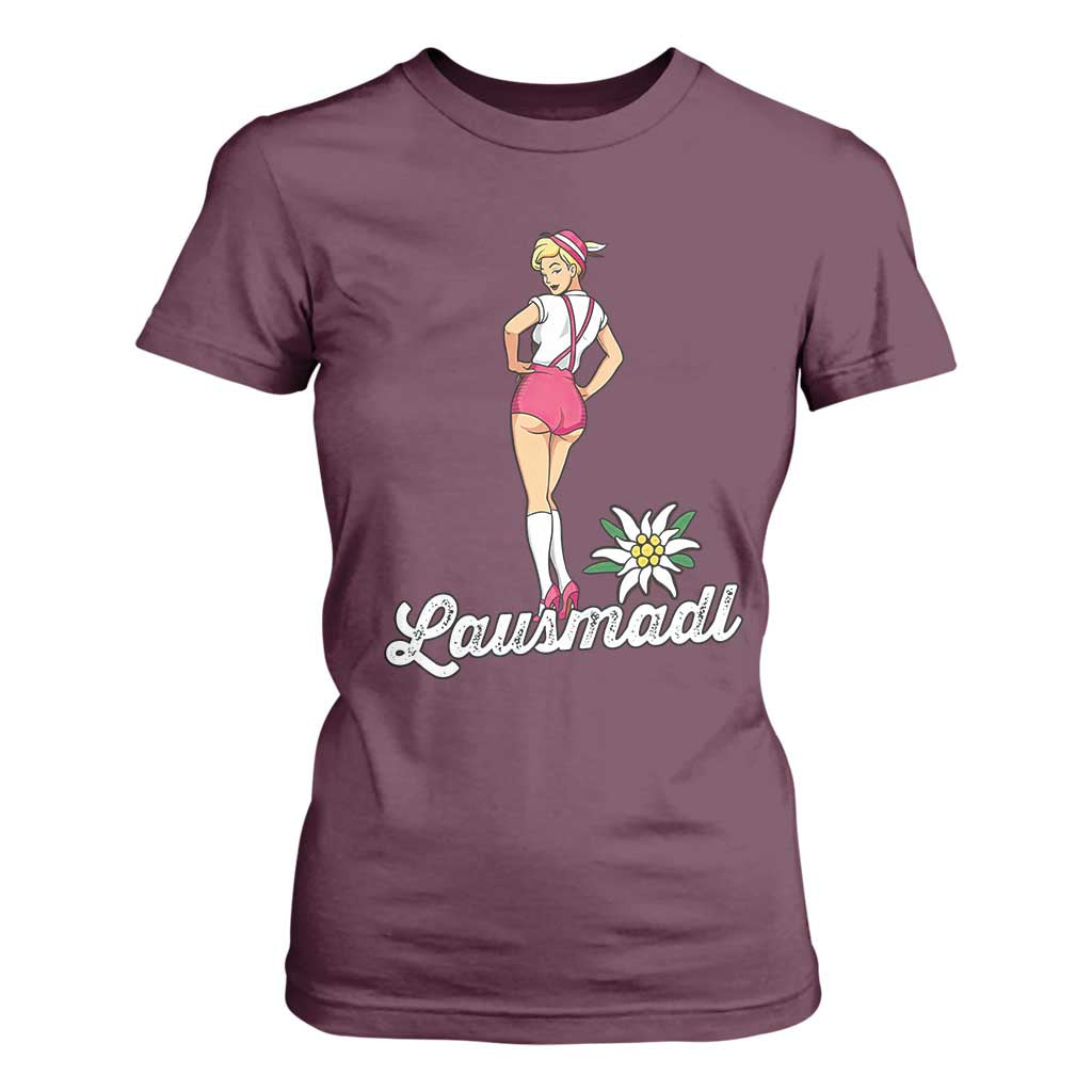 Retro Bavarian Pin Up Girl Lausmadl T Shirt For Women Oktoberfest Edelweiss Flower TS02 Maroon Print Your Wear