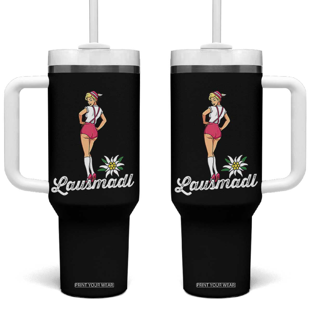 Retro Bavarian Pin Up Girl Lausmadl Tumbler With Handle Oktoberfest Edelweiss Flower TS02 One Size: 40 oz Black Print Your Wear